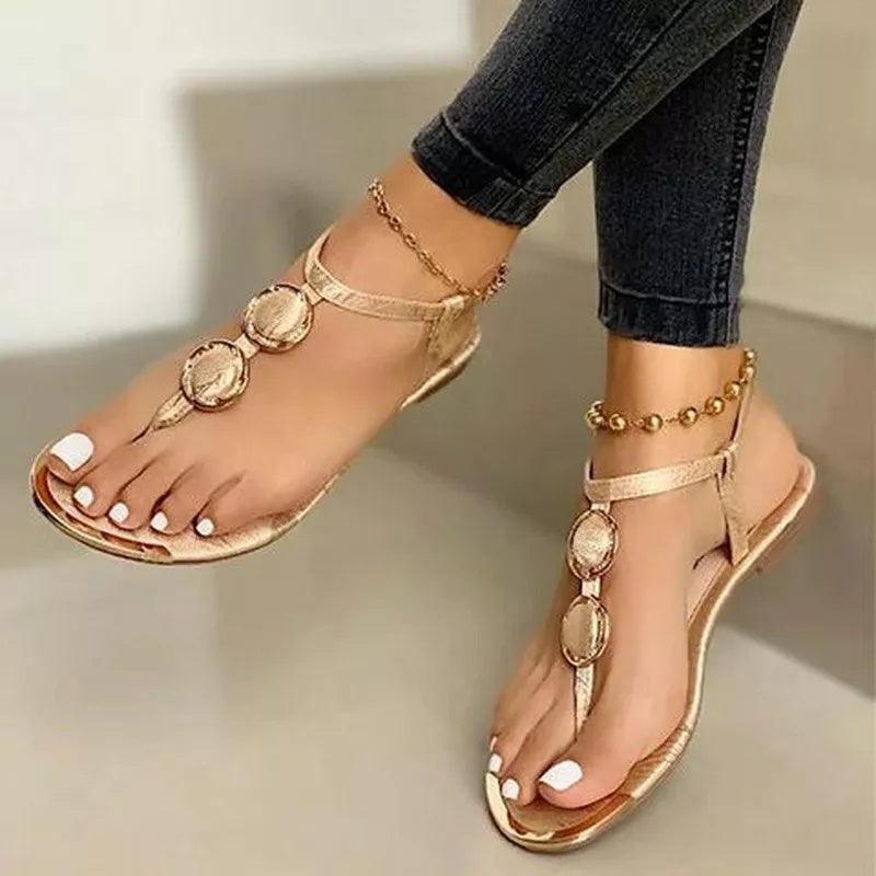Luxuriöse Damen Flachsandalen - Sommer Beach Shoes in Weiß, Schwarz und Gold