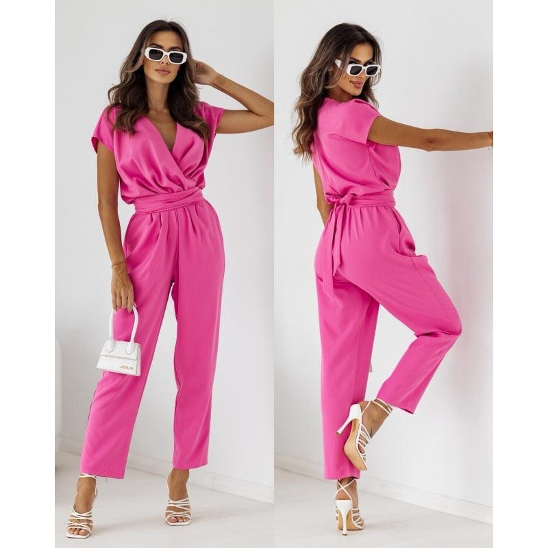 Mode Einfarbig Slimming Kurzarm Jumpsuit