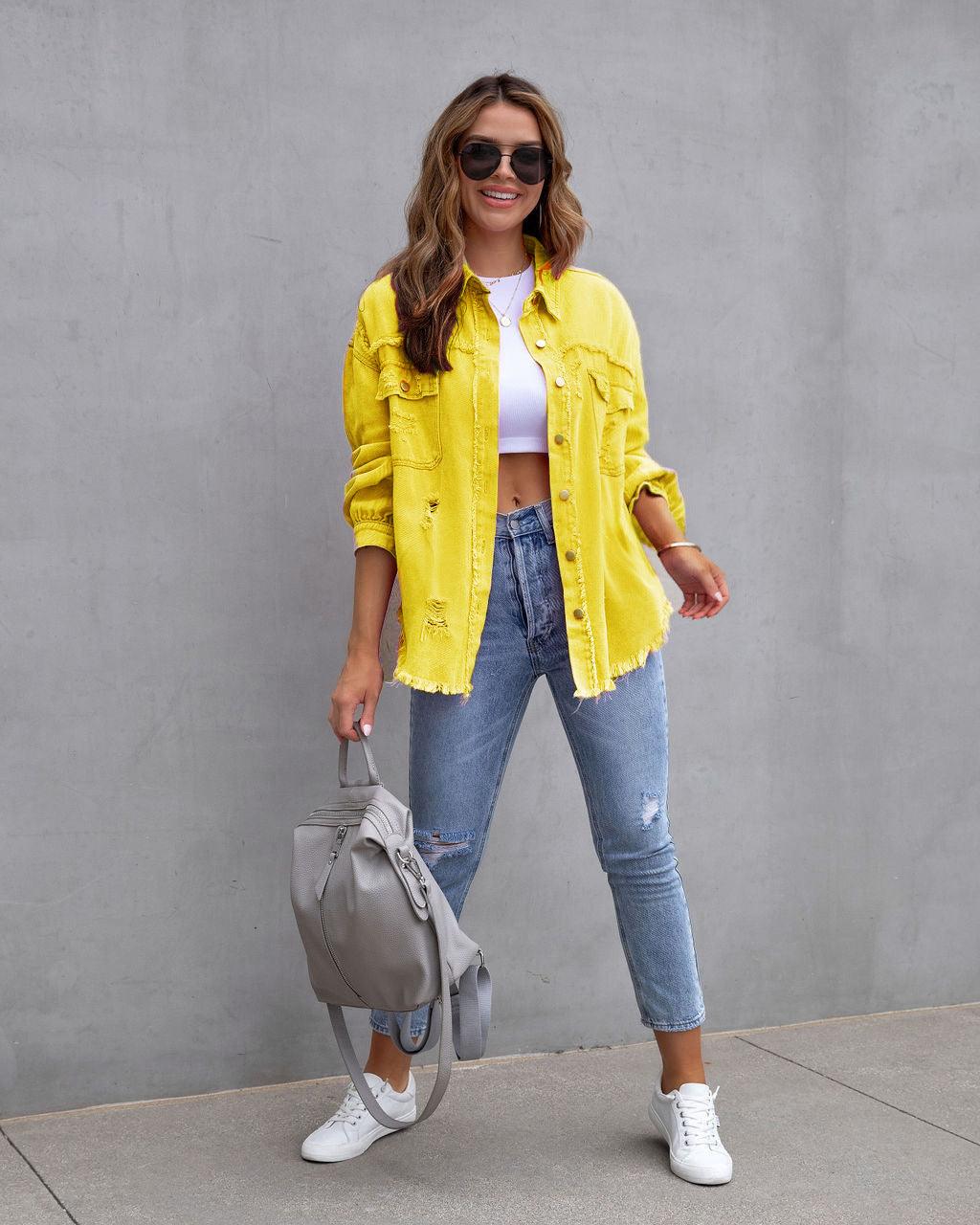 Damenmode Ripped Shirt Jacket - Herbst Frühling Casual Tops Kleidung