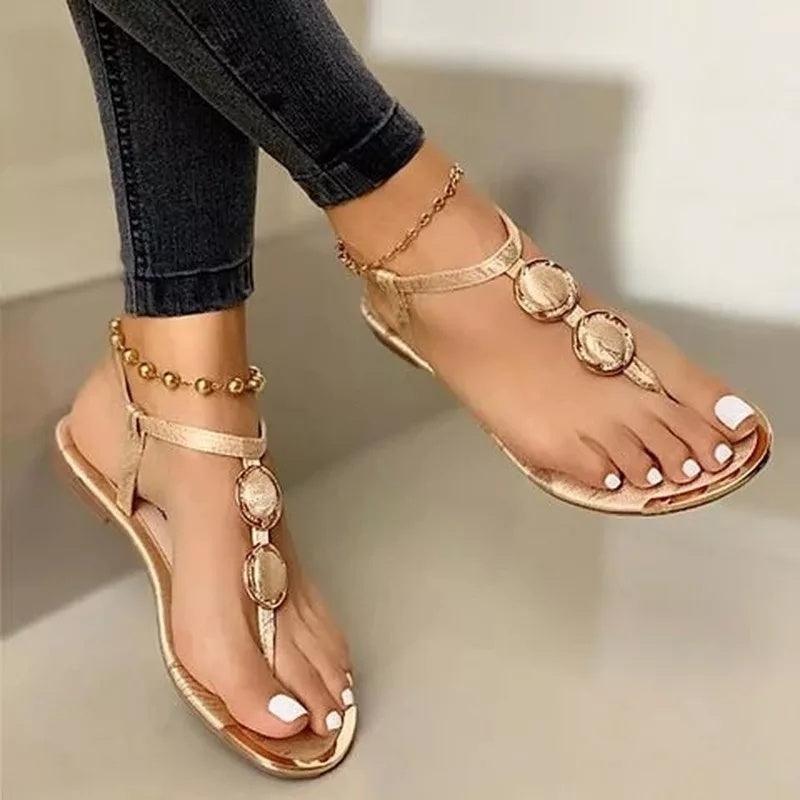 Luxuriöse Damen Flachsandalen - Sommer Beach Shoes in Weiß, Schwarz und Gold