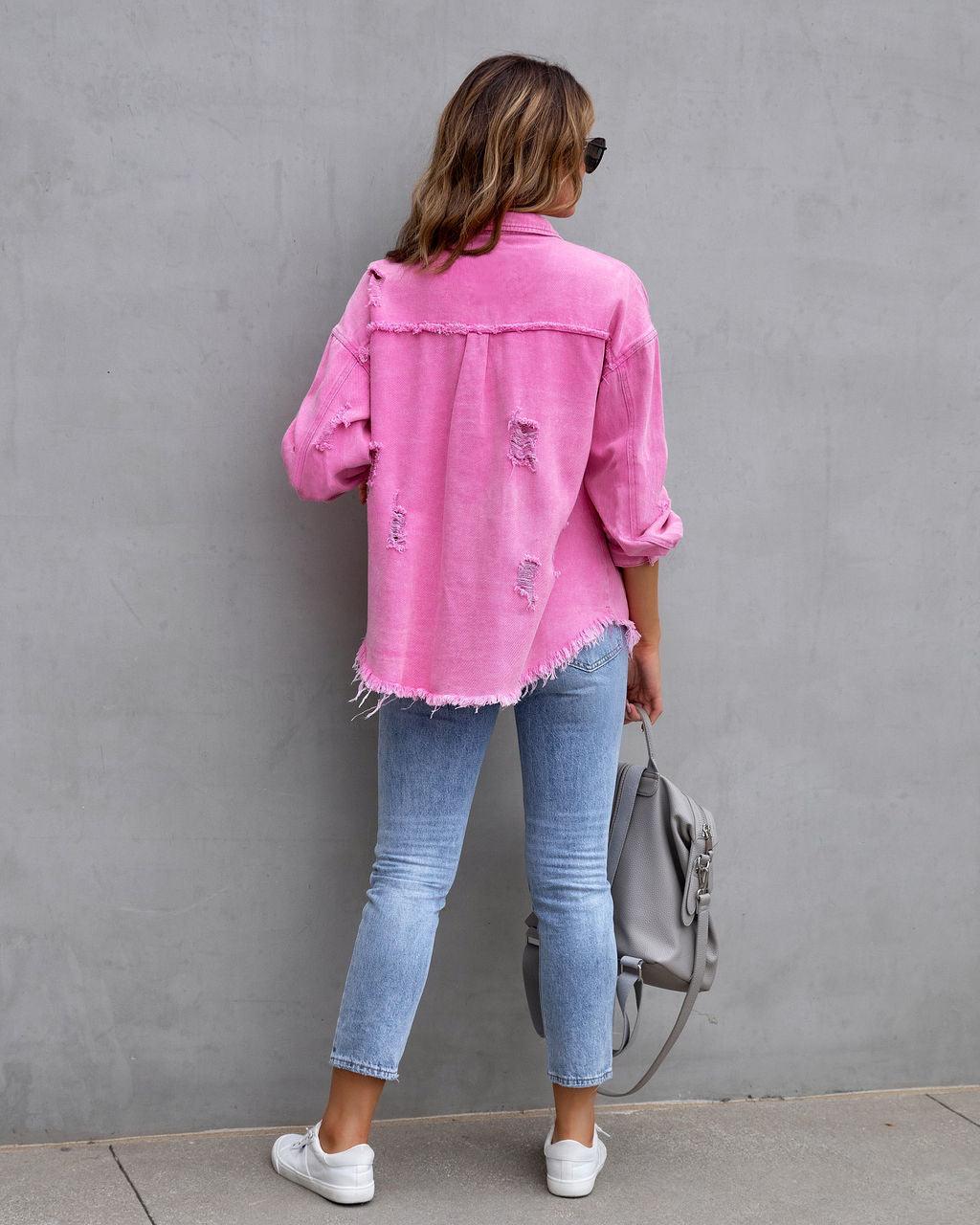 Damenmode Ripped Shirt Jacket - Herbst Frühling Casual Tops Kleidung