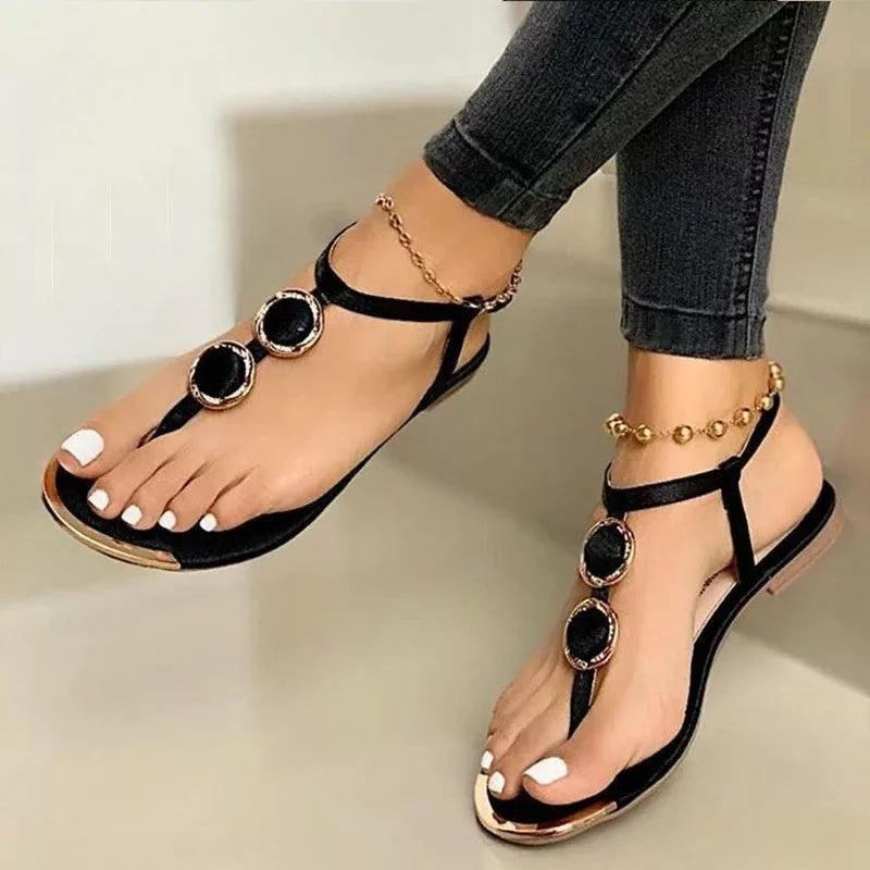 Luxuriöse Damen Flachsandalen - Sommer Beach Shoes in Weiß, Schwarz und Gold