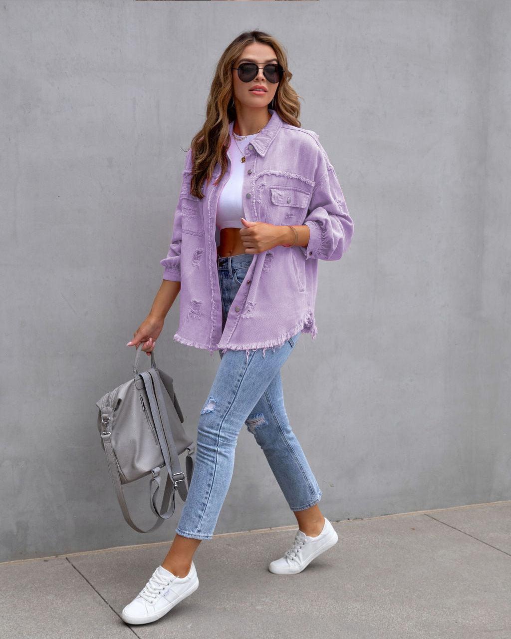 Damenmode Ripped Shirt Jacket - Herbst Frühling Casual Tops Kleidung