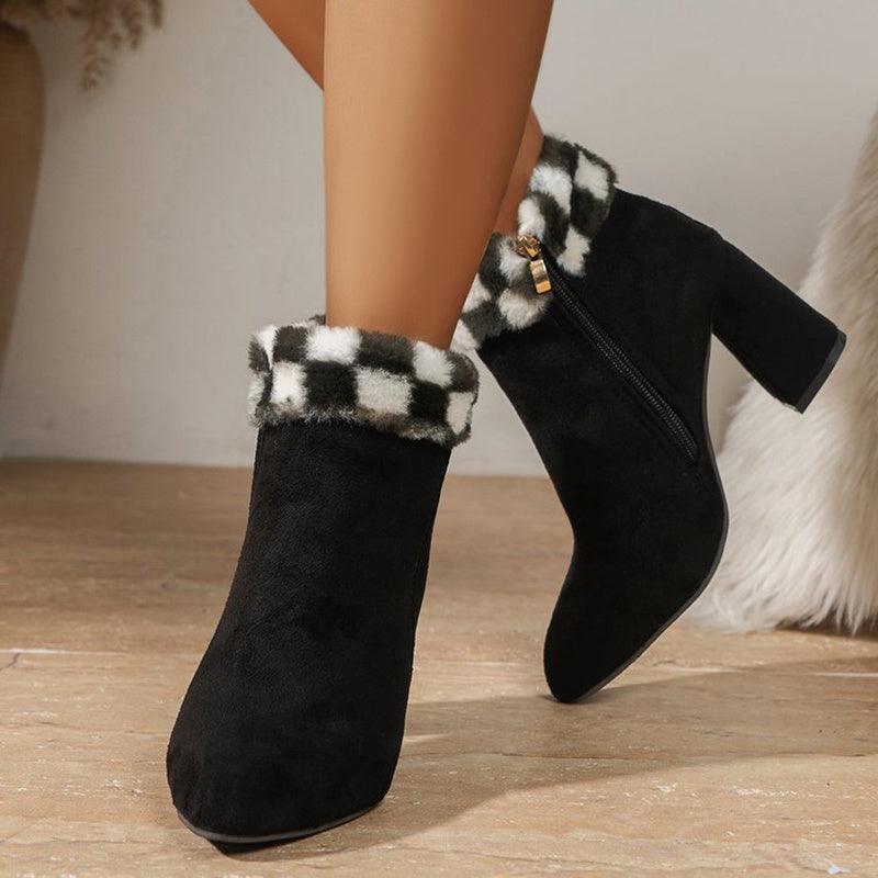 Plaid Print Plush Ankle Boots - Winter Mode, Quadratischer Absatz