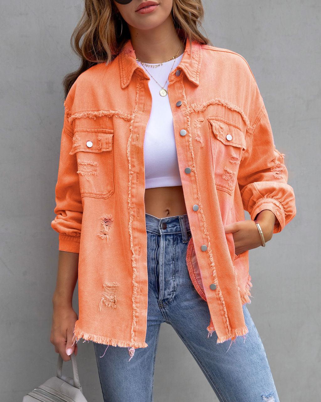 Damenmode Ripped Shirt Jacket - Herbst Frühling Casual Tops Kleidung
