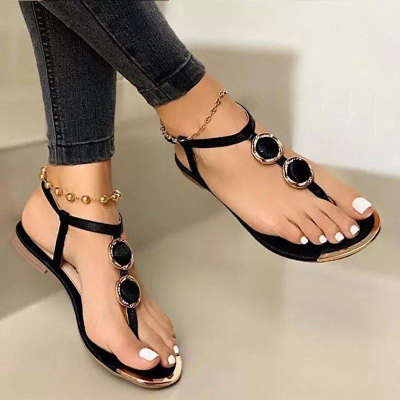 Luxuriöse Damen Flachsandalen - Sommer Beach Shoes in Weiß, Schwarz und Gold