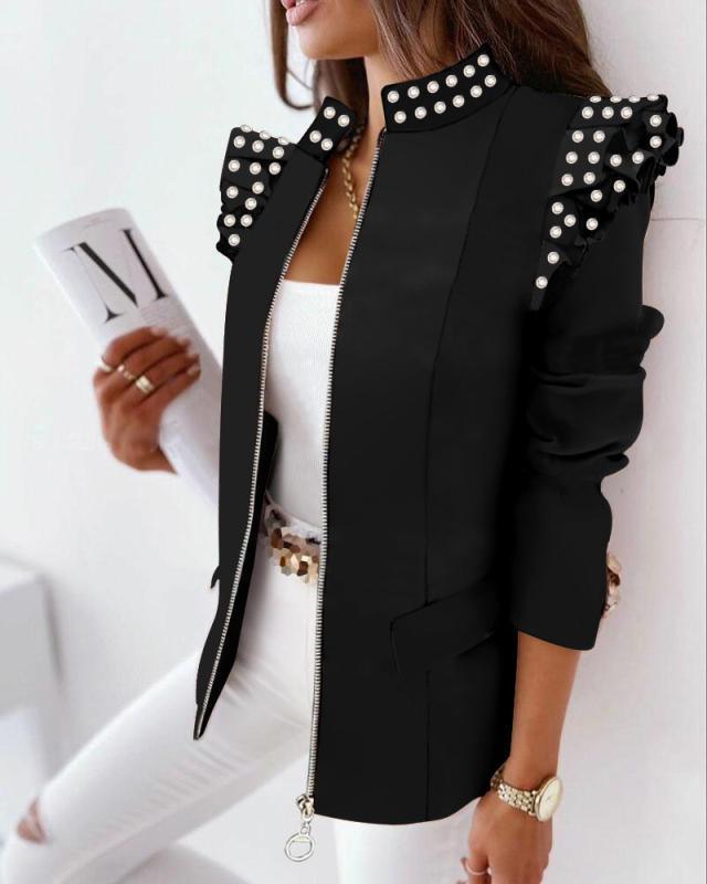 Leopard Print Zip Ruffle Shoulder Jacke - Stil & Funktionalität