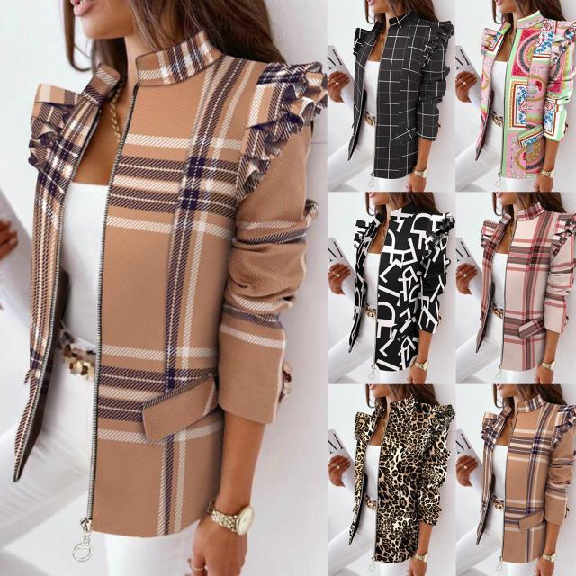 Leopard Print Zip Ruffle Shoulder Jacke - Stil & Funktionalität