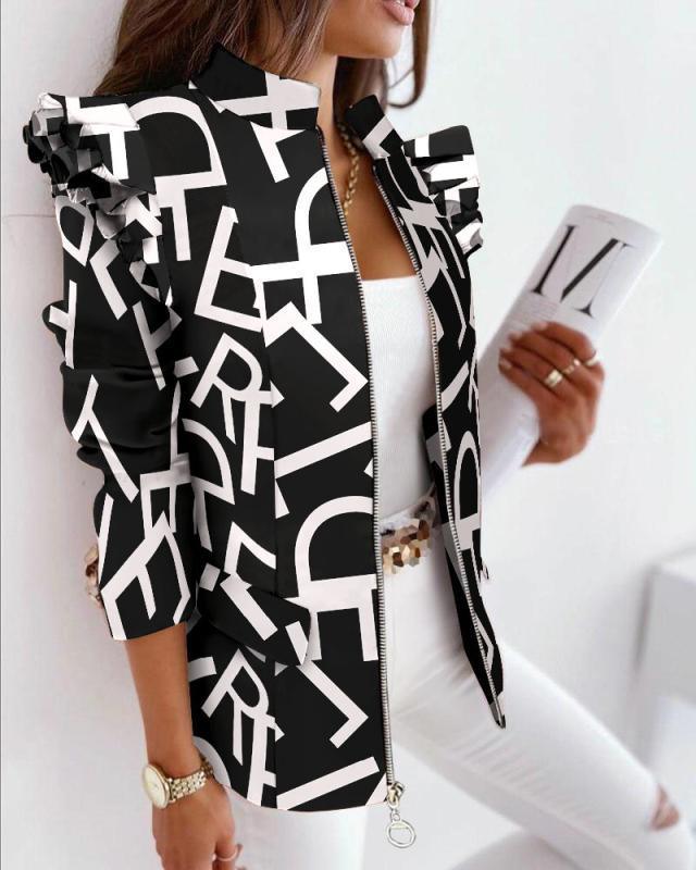 Leopard Print Zip Ruffle Shoulder Jacke - Stil & Funktionalität
