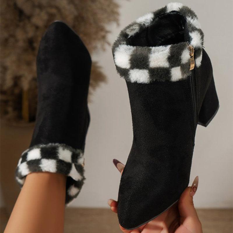 Plaid Print Plush Ankle Boots - Winter Mode, Quadratischer Absatz