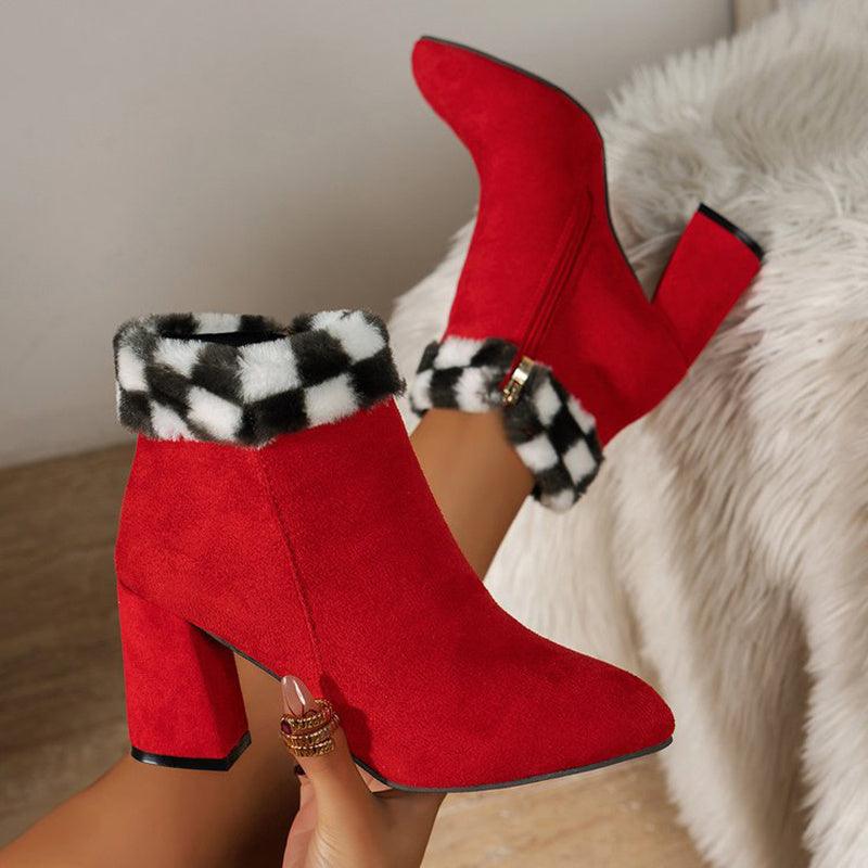 Plaid Print Plush Ankle Boots - Winter Mode, Quadratischer Absatz