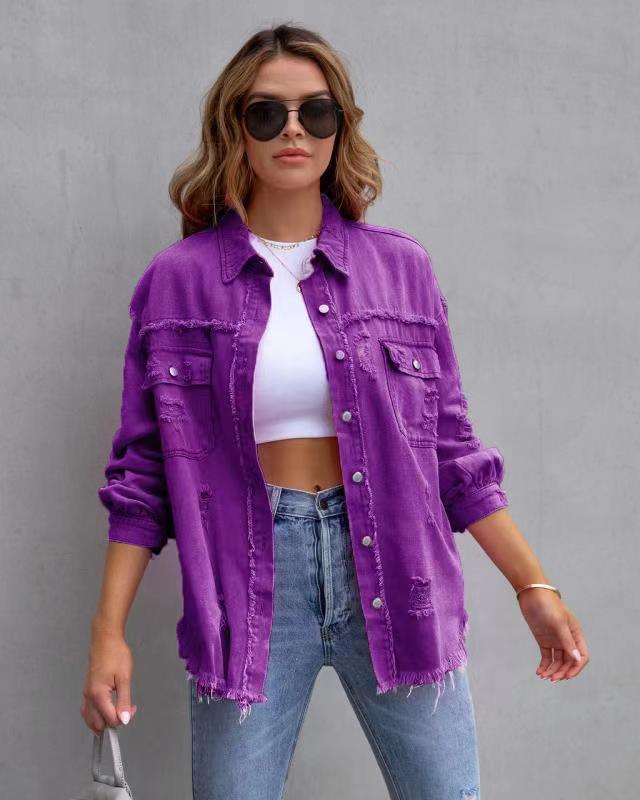 Damenmode Ripped Shirt Jacket - Herbst Frühling Casual Tops Kleidung