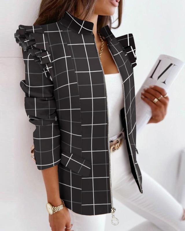 Leopard Print Zip Ruffle Shoulder Jacke - Stil & Funktionalität