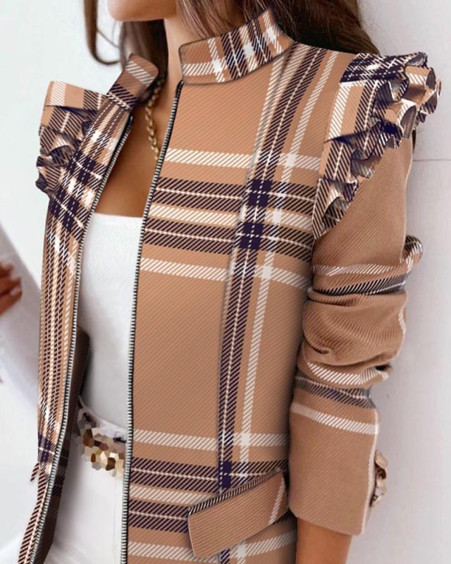 Leopard Print Zip Ruffle Shoulder Jacke - Stil & Funktionalität