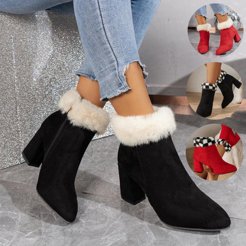 Plaid Print Plush Ankle Boots - Winter Mode, Quadratischer Absatz