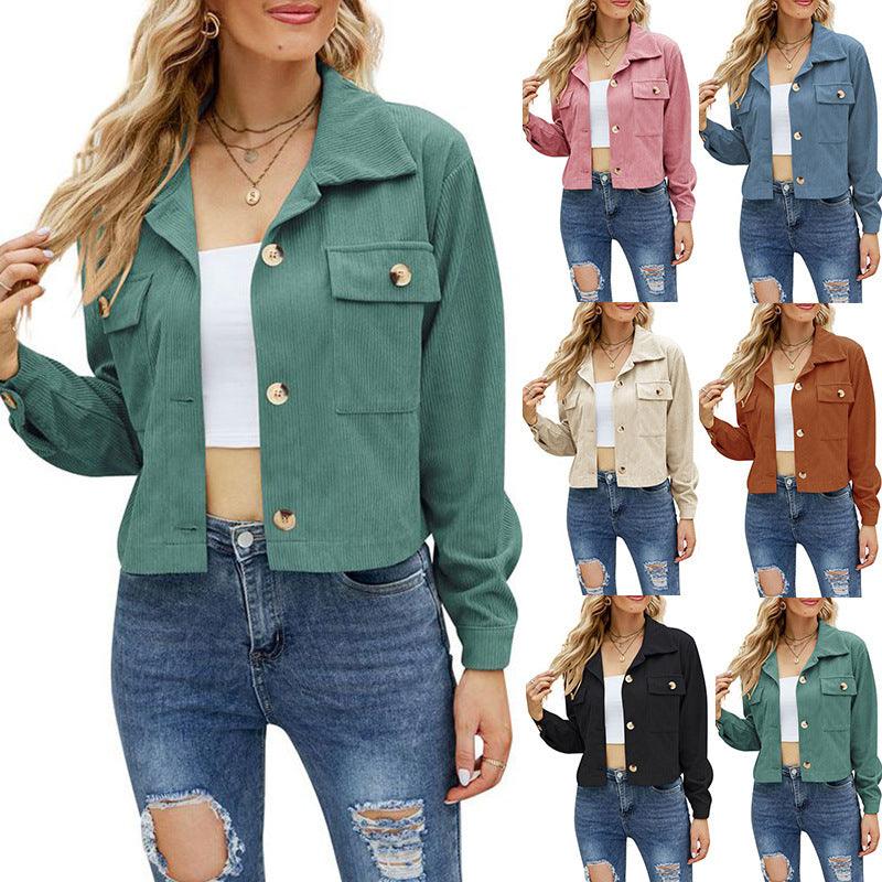 Damen Modische Langärmelige Kurzjacke aus Cordhemd