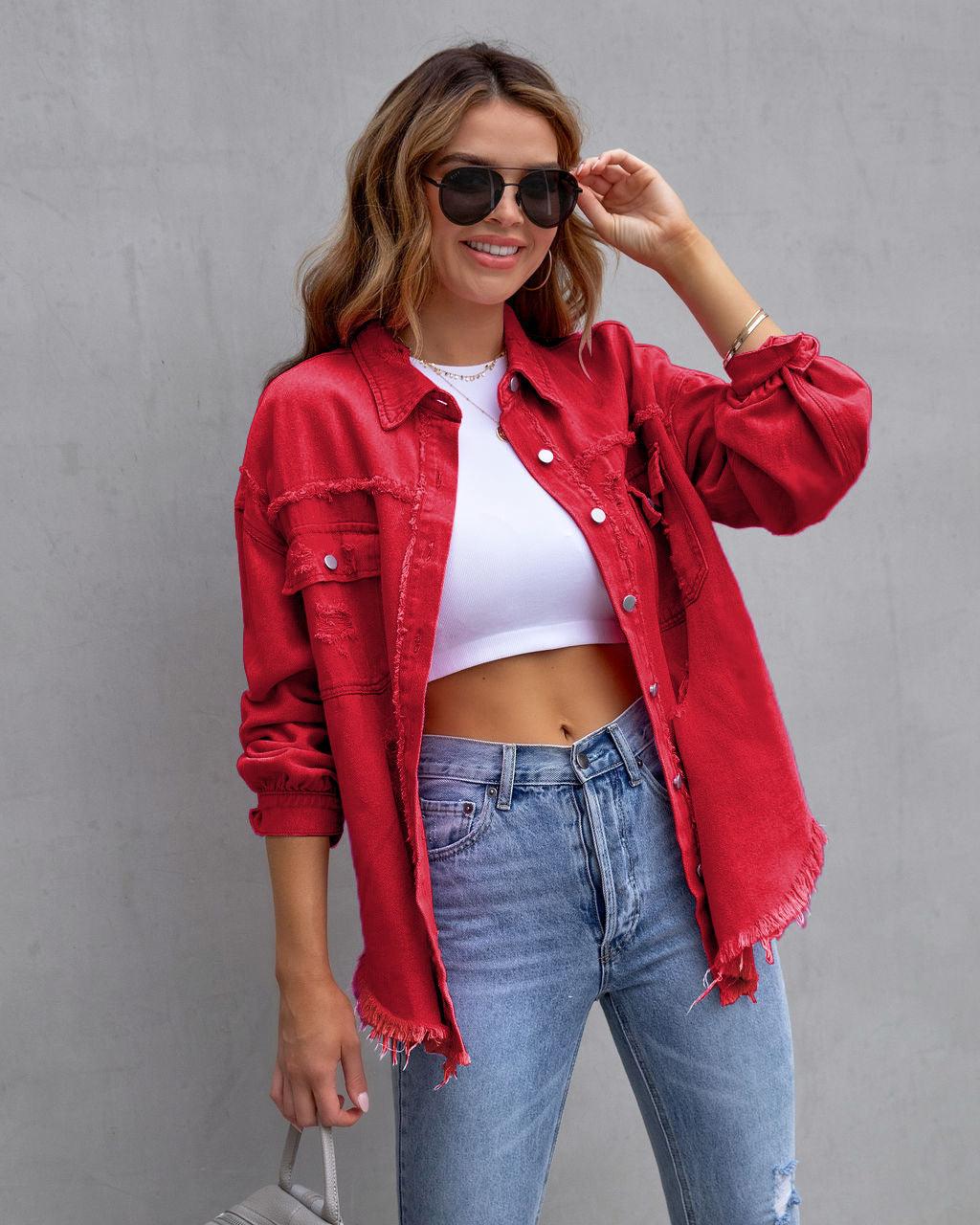 Damenmode Ripped Shirt Jacket - Herbst Frühling Casual Tops Kleidung