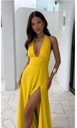 Sexy Halterneck V-Ausschnitt Schlitzkleid - Sommerstilvolle Rückenfreiheit