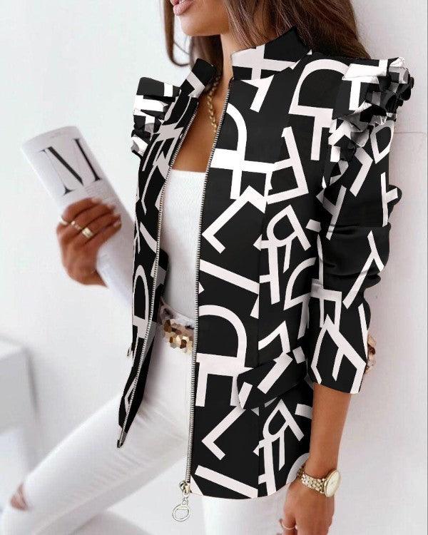 Leopard Print Zip Ruffle Shoulder Jacke - Stil & Funktionalität