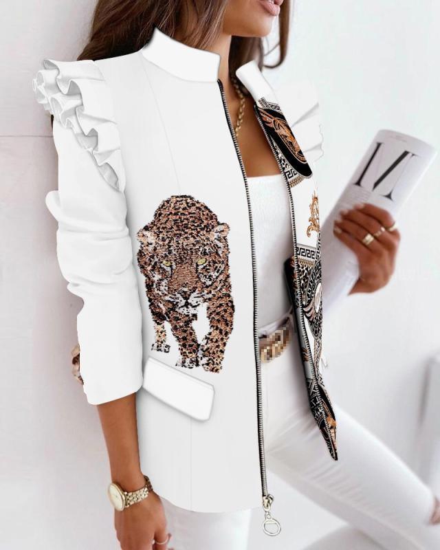 Leopard Print Zip Ruffle Shoulder Jacke - Stil & Funktionalität
