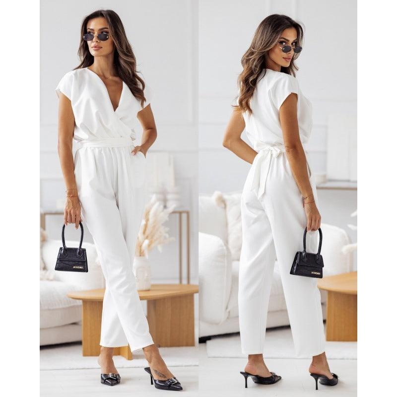 Mode Einfarbig Slimming Kurzarm Jumpsuit