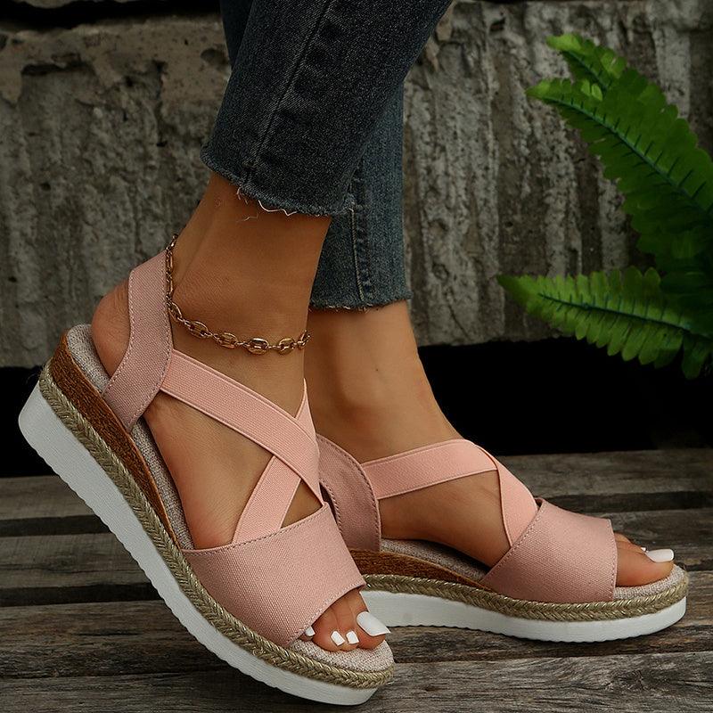 Elegante Wedge Sandalen für Damen - Cross-Strap Platform Gladiator Hemp Absatz