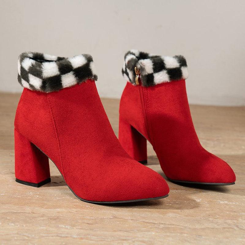 Plaid Print Plush Ankle Boots - Winter Mode, Quadratischer Absatz
